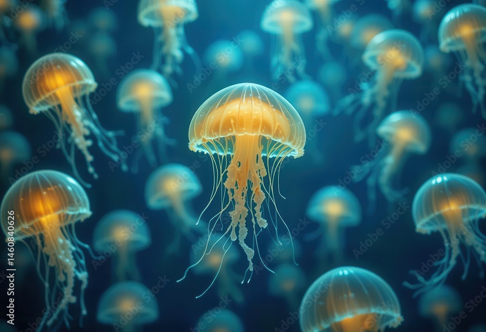 Glowing jellyfish gracefully swim through deep ocean waters at night Glowing jellyfish gracefully swim through deep ocean waters at night