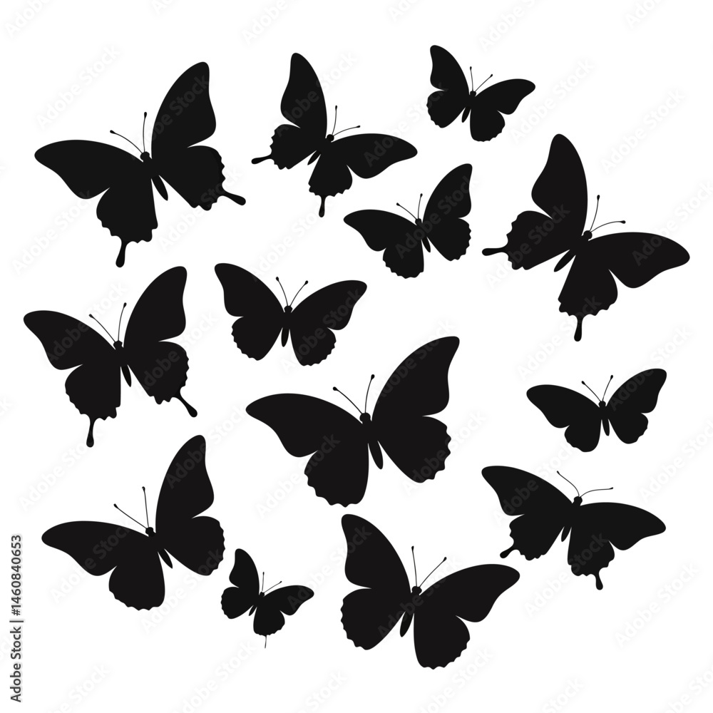 Elegant butterfly silhouette collection on white backdrop providing versatile design elements for creative projects and artistic endeavors Elegant butterfly silhouette collection on white backdrop providing versatile design elements for creative projects and artistic endeavors