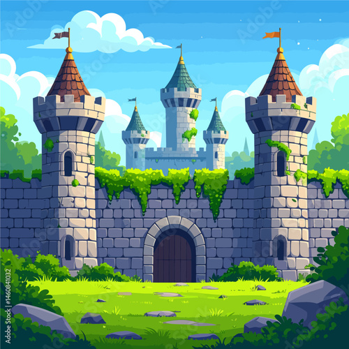 Enchanting cartoon castle with towers, stone walls, and lush greenery under a bright blue sky creates a fairytale fantasy world