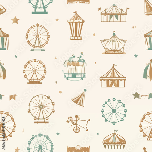 Fun fair vintage pattern design featuring carnival rides and circus tents for festive backgrounds and playful designs