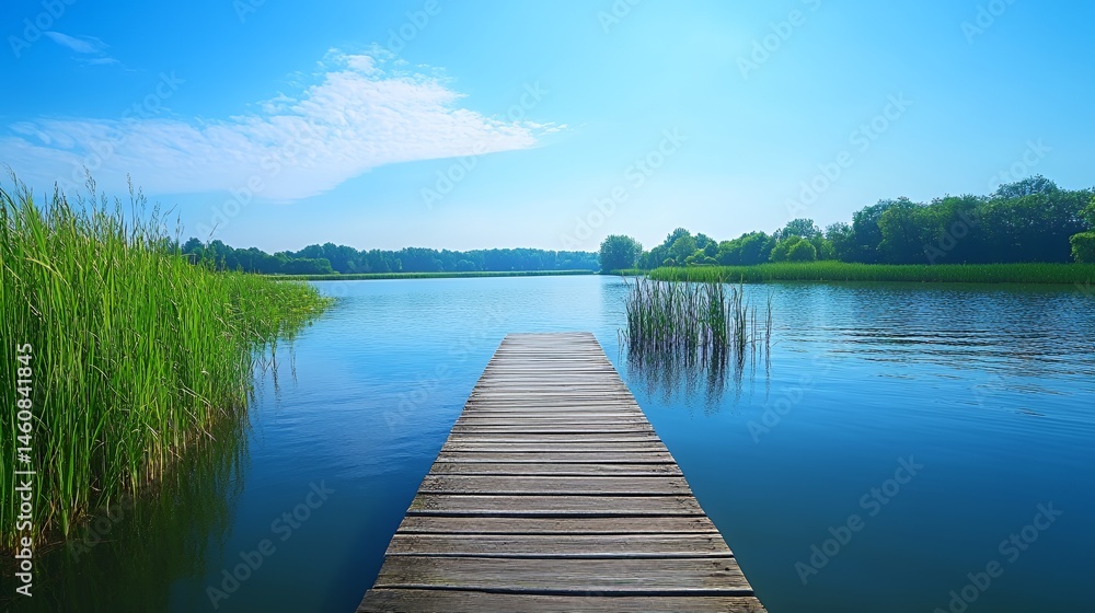 Obraz premium Serene view of a wooden dock extending into a tranquil blue lake surrounded by lush greenery.