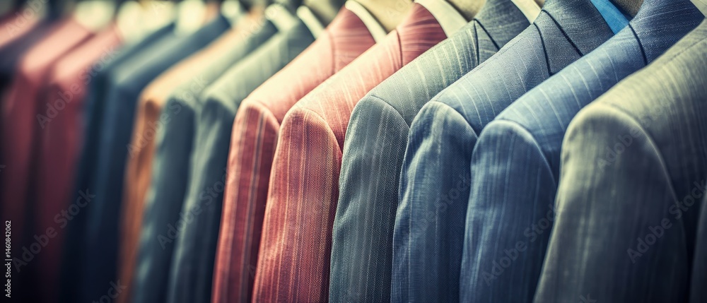 Obraz premium Row of Colorful Men's Suits Hanging in a Clothing Store, Close Up, Business Attire, Fashion, Style, Elegance, Tailoring, Retail