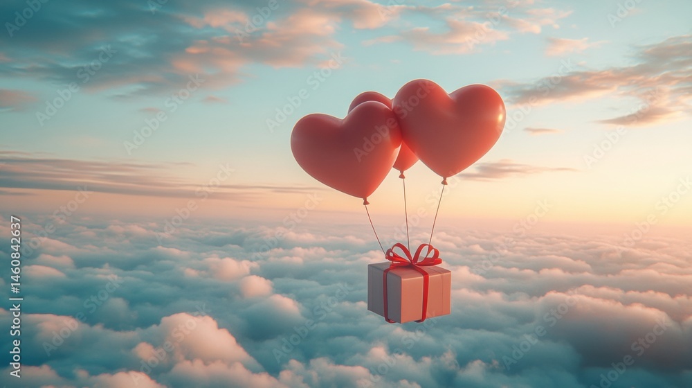 Fototapeta premium A Box flying on a parachute with pink cloud in valentine day,package flying down from sky and cloud with parachute, concept for delivery service,shopping online,air delivery service.