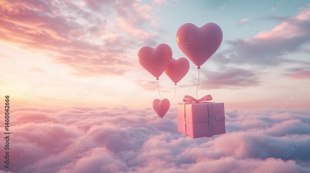Fototapeta premium A Box flying on a parachute with pink cloud in valentine day,package flying down from sky and cloud with parachute, concept for delivery service,shopping online,air delivery service.