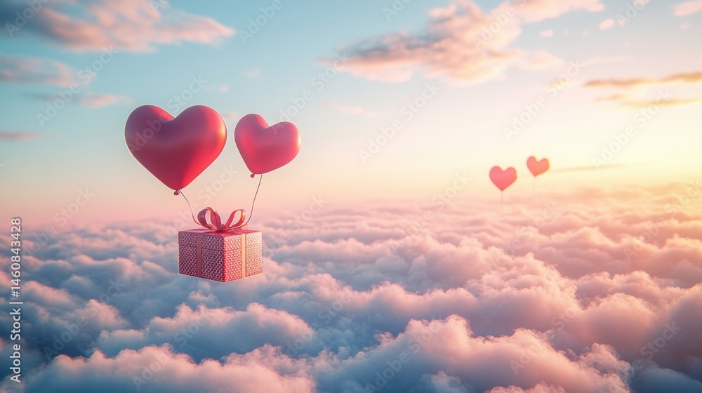 Fototapeta premium A Box flying on a parachute with pink cloud in valentine day,package flying down from sky and cloud with parachute, concept for delivery service,shopping online,air delivery service.