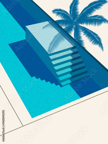 Pool under the shade of a palm tree. Vector illustration. Sketch for creativity.