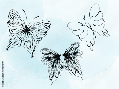 Hand drawn butterfly on a white background with floral and nature-inspired elements in a seamless vintage sketch design