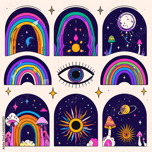 Psychedelic cosmic art featuring rainbows, mushrooms, sun, moon and third eye symbols in archways