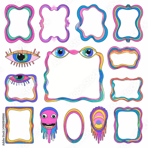 Psychedelic doodle frame set with funky cartoon characters and retro borders for creative design projects