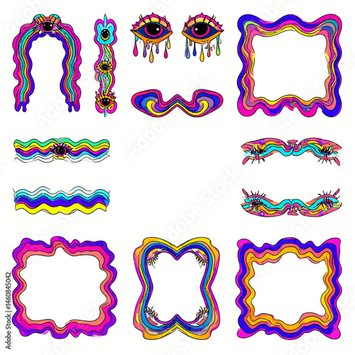 Psychedelic elements design featuring trippy eyes, wavy lines, and colorful frames for surreal art