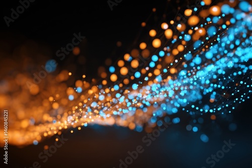 Abstract Data Stream Visualization with Orange and Blue Glowing Particles on Dark Background Futuristic Network Concept