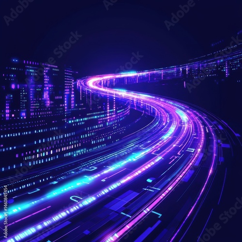 Abstract digital stream flowing through a futuristic city at night vibrant neon lights perspective view