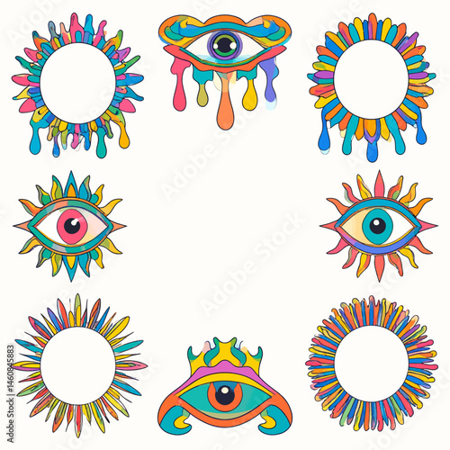 Psychedelic eye illustrations with vivid colors and dripping effects creating a retro vibe perfect for creative projects