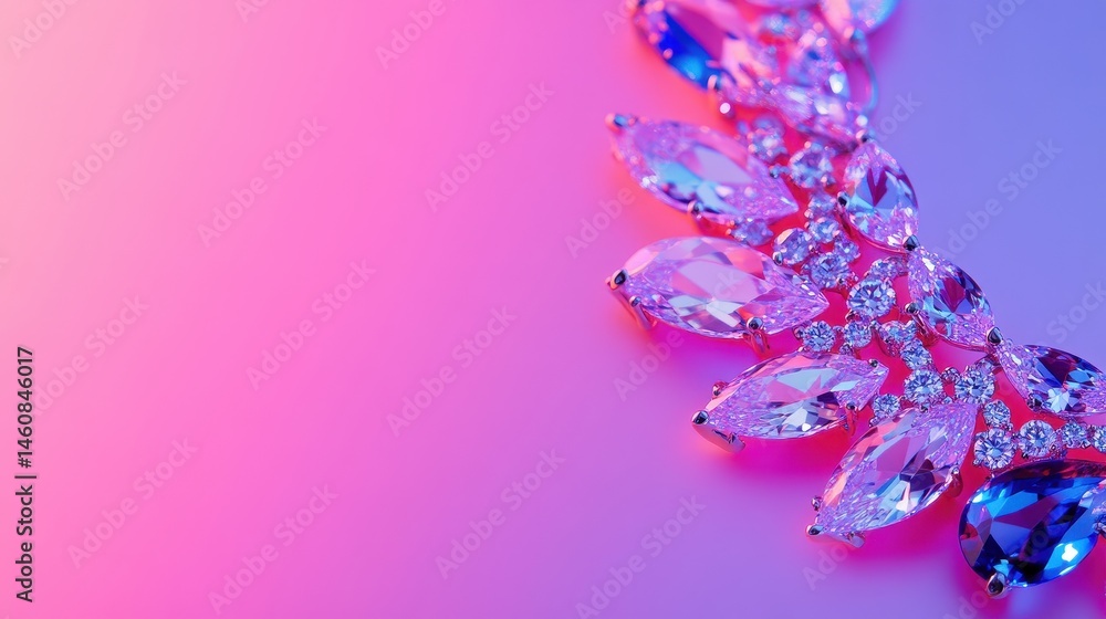 Close-up of a sparkling pink gemstone necklace against a vibrant gradient background