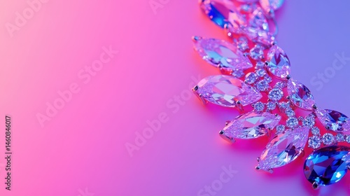 Obraz na płótnie Close-up of a sparkling pink gemstone necklace against a vibrant gradient background w salonie