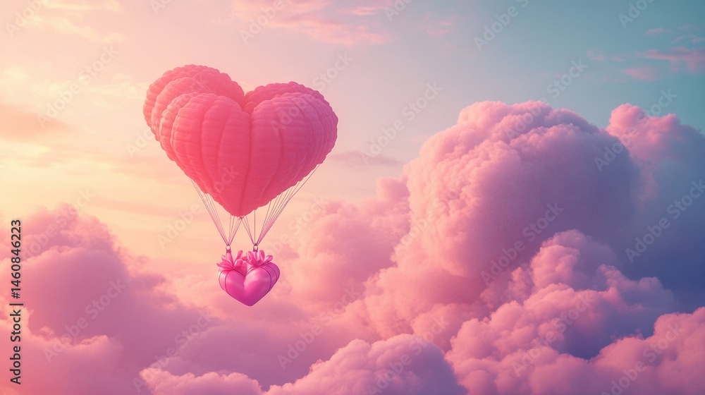 Fototapeta premium A Box flying on a parachute with pink cloud in valentine day,package flying down from sky and cloud with parachute, concept for delivery service,shopping online,air delivery service.
