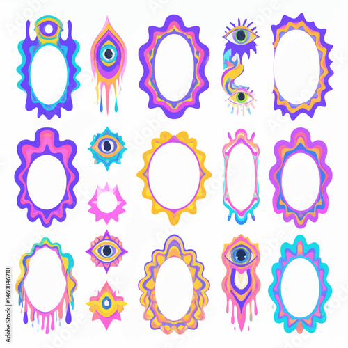 Psychedelic frame collection featuring melting effects and all-seeing eyes on white background for vibrant design projects