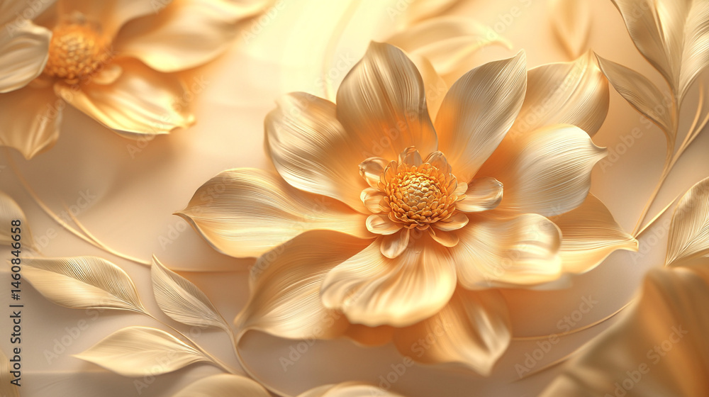 Fototapeta premium Flower blooming in a background illustration petals, abstract luxurious background with golden ceramic flowers, Close-up of delicate golden flowers in full bloom with a soft and dreamy background.
