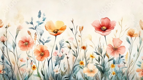 Wallpaper Mural Beautiful seamless floral water color pattern Set, watercolor wild flowers, leaves and grass,Collection botanic garden elements. isolated illustration in rustic or vintage style,copy space. Torontodigital.ca