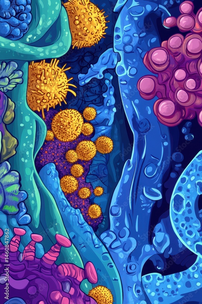 Microscopic World Illustration of Cells and Viruses in Vibrant Colors Detailed Art Style