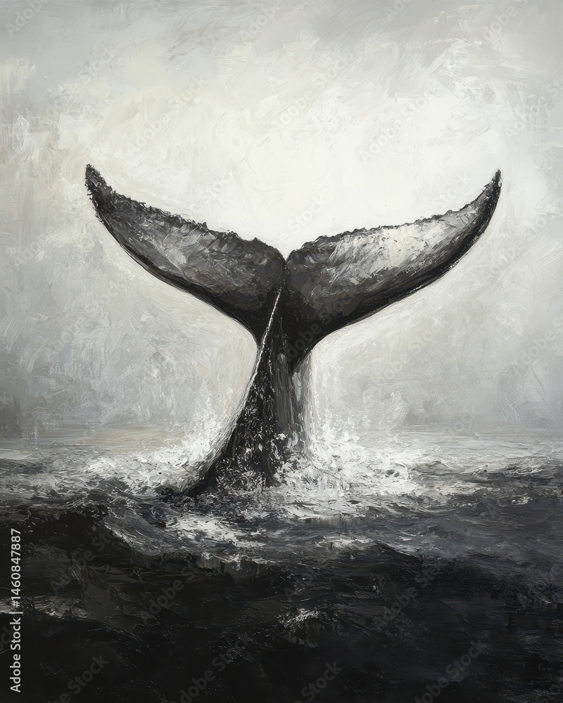 Whale tail breaching ocean surface monochrome painting style marine life artwork artistic rendering