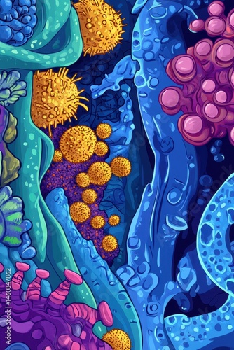 Obraz na płótnie Microscopic World Illustration of Cells and Viruses in Vibrant Colors Detailed Art Style w salonie