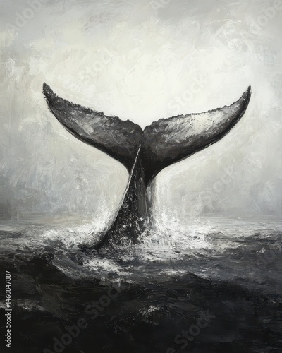 Whale tail breaching ocean surface monochrome painting style marine life artwork artistic rendering