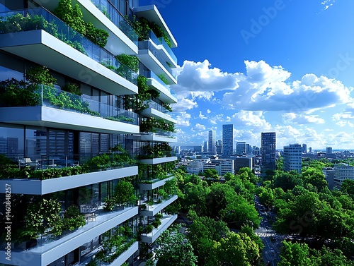 Modern green building with balconies and city views