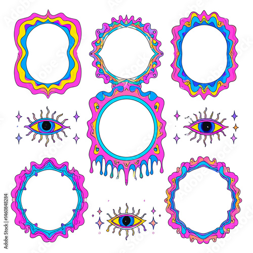Psychedelic frames and all-seeing eye collection in vibrant colors for creative projects and graphic designs