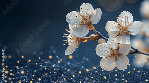 Delicate white blossoms against a dark, abstract background