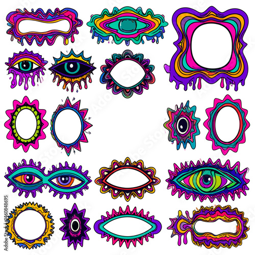Psychedelic Frames and Eye Designs Collection Featuring Vibrant Colors and Melting Effects for Creative Projects