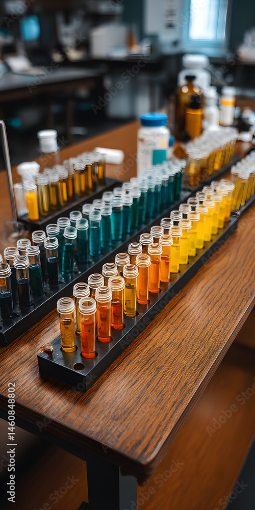 Vibrant Spectrum of Lab Test Tubes with Colorful Liquids Vibrant Spectrum of Lab Test Tubes with Colorful Liquids
