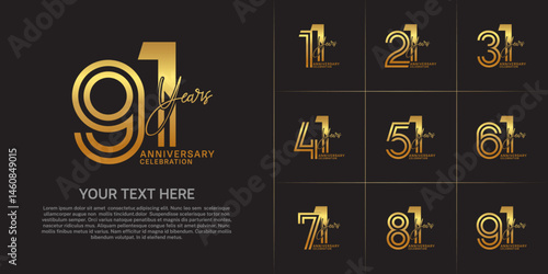 Anniversary set design with double line number and handwriting. golden color for celebration event