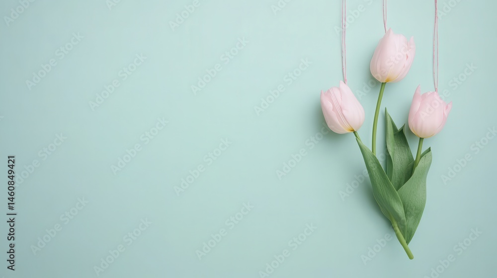 Fototapeta premium Delicate pastel flowers on soft mint background, serene and calming, perfect for spring themes or wellness content.