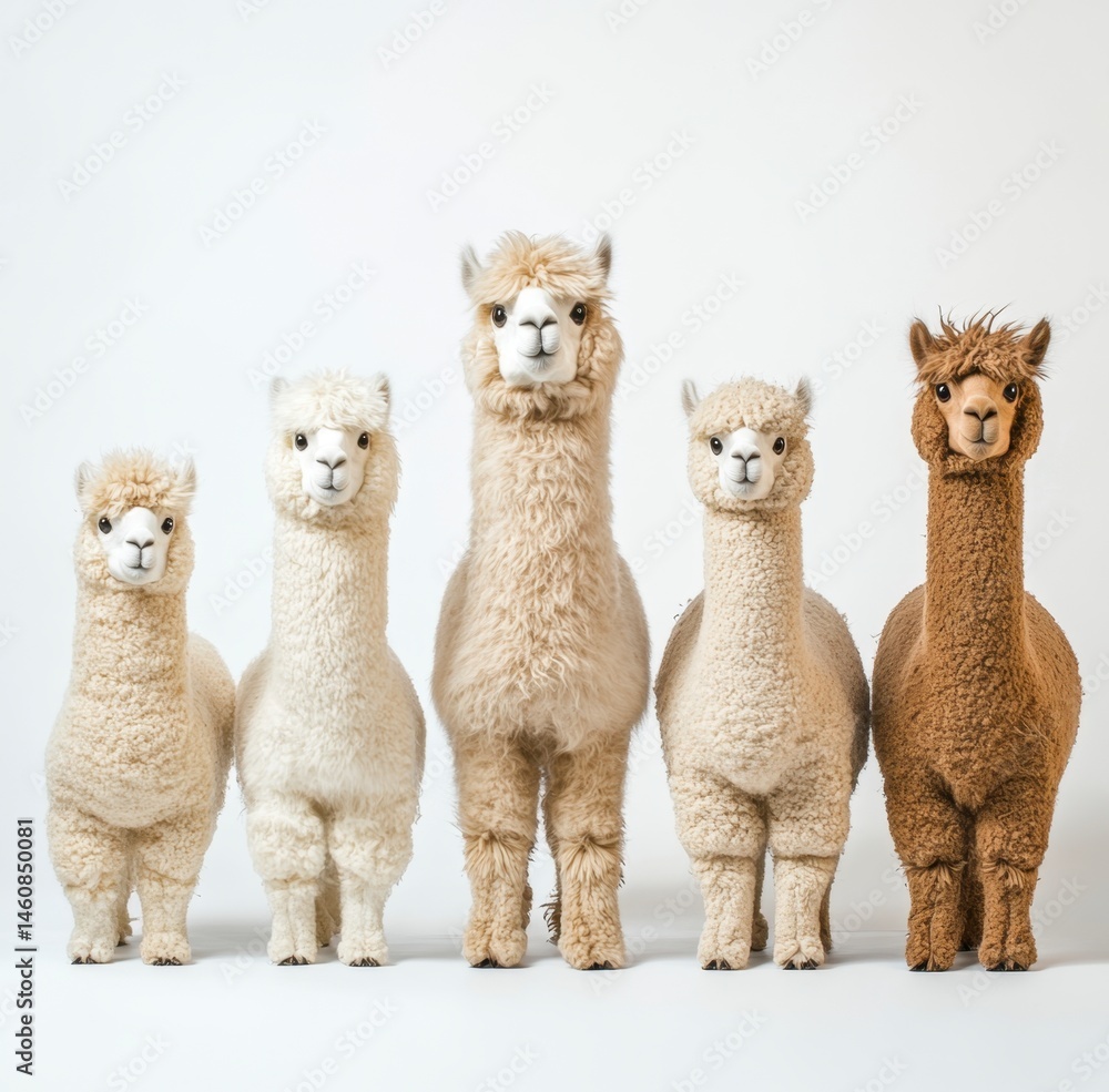 Fototapeta premium Five Adorable Alpacas Standing in a Row on White Background