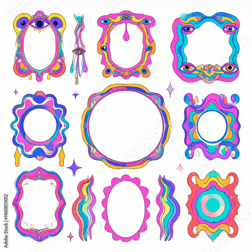 Psychedelic frames collection with surreal eye designs and vibrant colors for creative projects