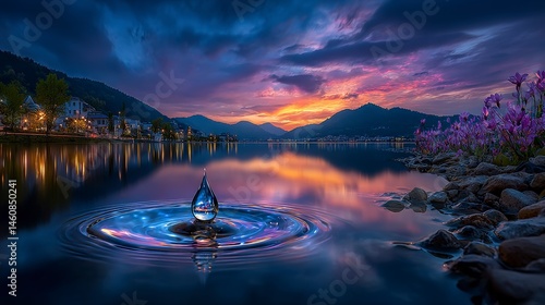 Serene Sunset Lake  Water Drop Ripple  Mountain Landscape  Flowers