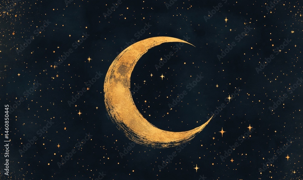 Naklejka premium Black background with a golden crescent moon surrounded by small stars, minimalist celestial art, Generative AI