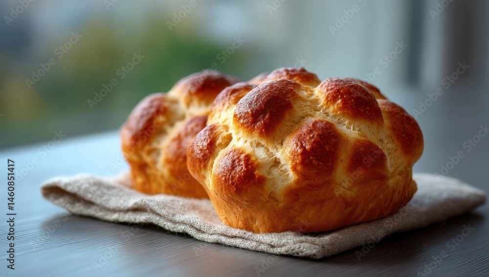 Fototapeta premium Freshly baked golden brown fluffy buns with crispy tops placed on a soft cloth on a kitchen table surface