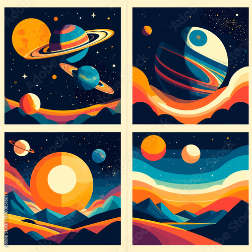 Retro futuristic planets and landscapes collection vibrant cosmic art illustration