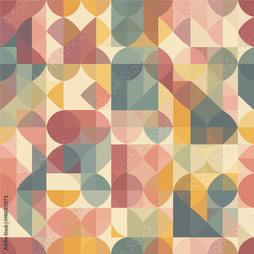 Retro geometric pattern featuring circles squares and triangles in muted pastel colors for vintage designs and backgrounds