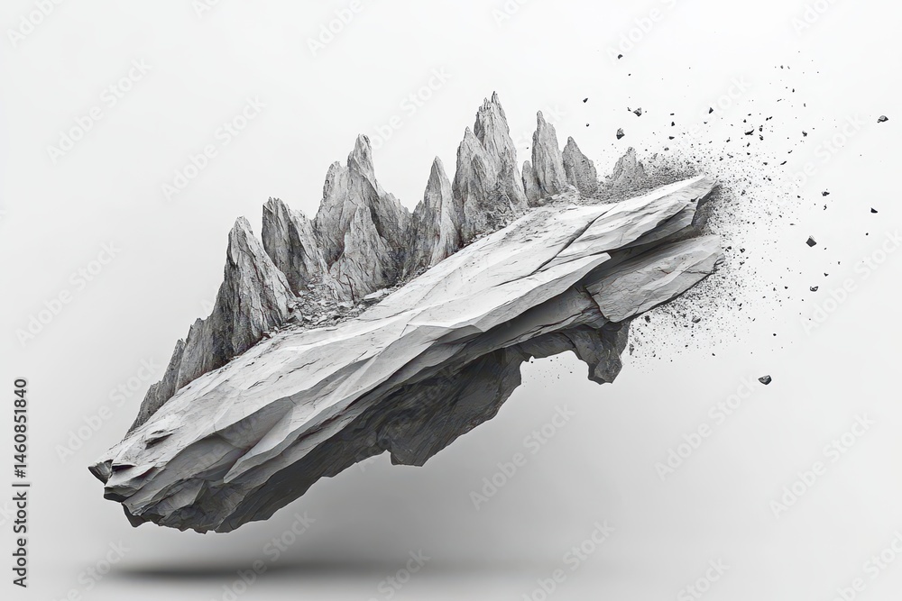 Floating rock formation in monochrome with sharp peaks and crumbling edges studio shot on white
