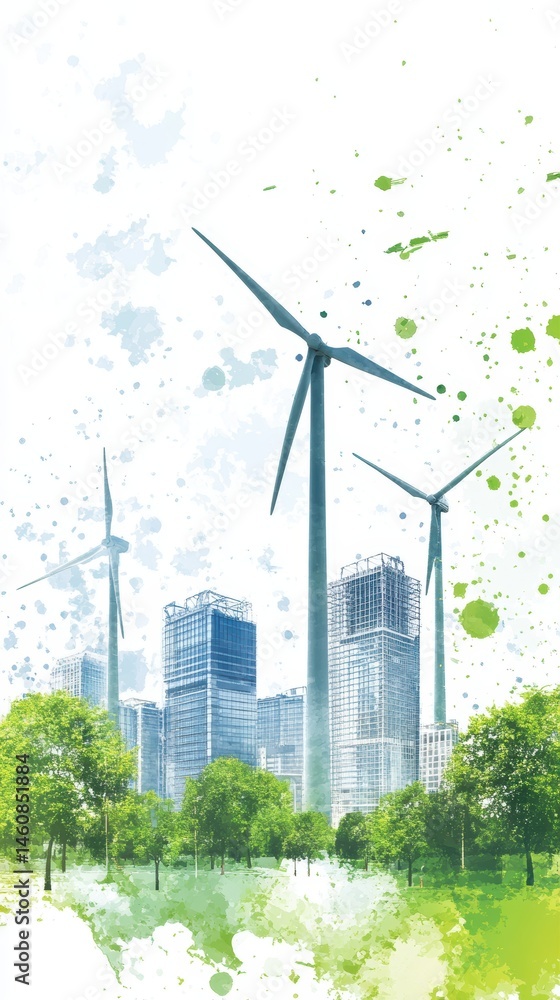 Watercolor Style Cityscape with Wind Turbines and Green Trees Promoting Sustainable Energy and Eco Friendly Urban Development
