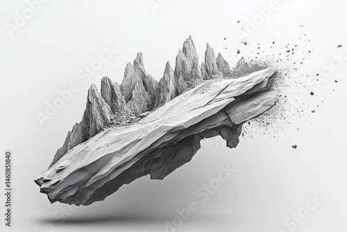 Obraz na płótnie Floating rock formation in monochrome with sharp peaks and crumbling edges studio shot on white w salonie