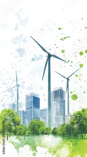 Obraz na płótnie Watercolor Style Cityscape with Wind Turbines and Green Trees Promoting Sustainable Energy and Eco Friendly Urban Development w salonie