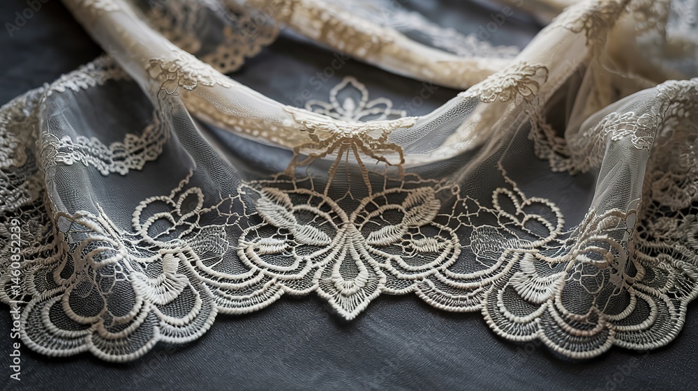 Fototapeta premium Delicate Ivory Lace Fabric with Intricate Floral Embroidery on D
