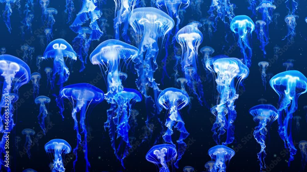 Many bioluminescent jellyfish floating upwards, seamless loop. AI videos were used as elements along with traditional compositing and particle effects.
