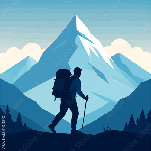 Silhouette of a hiker with a backpack trekking in a mountain landscape with snowy peaks under a bright sky adventure and exploration