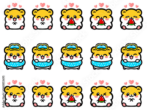 夏のかわいいゴールデンハムスターのイラスト素材セット