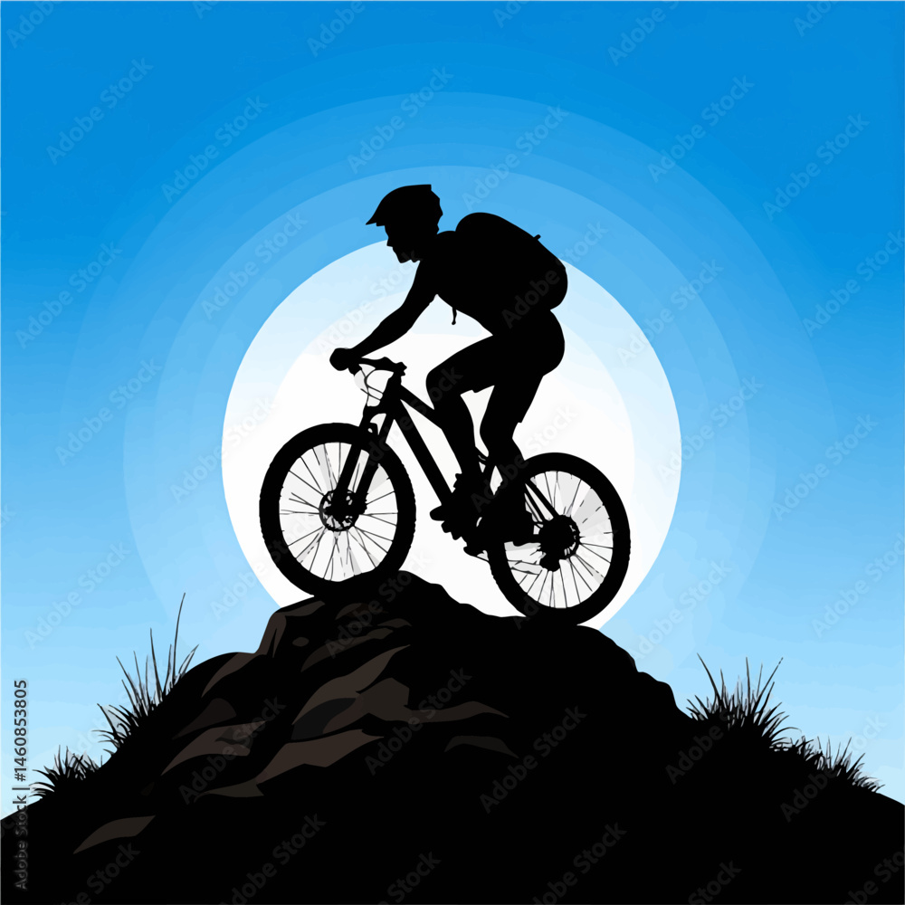 Naklejka premium Silhouette of a man mountain biking on a rocky hill against a blue sky and sun illustration, representing adventure and outdoor activity